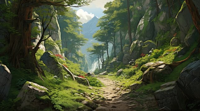 tree mountain travel forest landscape illustration beautiful outdoor, tourism scenery, view green tree mountain travel forest landscape