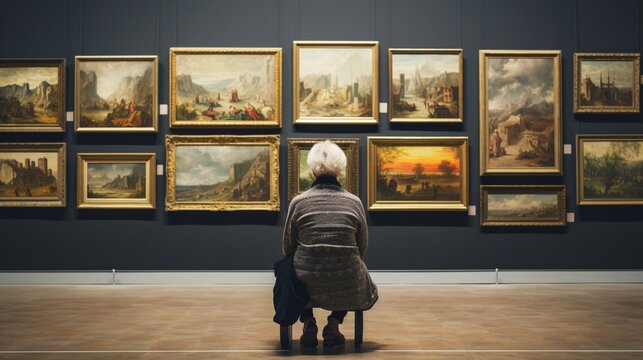 old lady sits in front of wall with paintings in art gallery