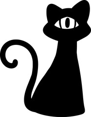 Hand drawn vector drawing of black cat. Contour, silhouette, doodle, cartoon style, isolated. Symbol, sign, October, Halloween,spooky, creepy, horror,scary,animal,pet,witch, magic,mystery