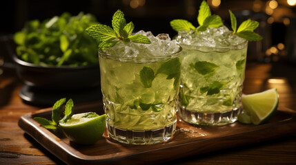 Close-up of two glasses of mojito cocktail with ice cubes on a dark background. Low angle view.
