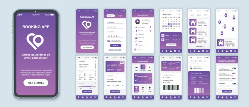 Booking mobile app interface screens template set. Online account, login, hotel or flight ticket order, location at map, settings. Pack of UI, UX, GUI kit for application web layout. Vector design.