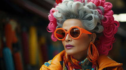 Photo of old mature stylish energetic woman wearing vivid spectacles.