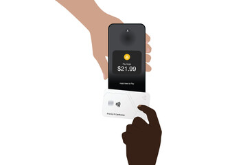 African American Person Hands Over Credit Card While Caucasian Person Makes An Easy Contactless, Cashless Payment With Cell Phone