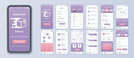 Delivery mobile app interface screens template set. Online account, logistic service, calendar, parcel calculate, tracking order. Pack of UI, UX, GUI kit for application web layout. Vector design. - obrazy, fototapety, plakaty
