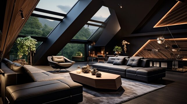 polygon modern living area by laura harnett, in the style of max rive, mood lighting, in the style of sharp polygon lines and edges, varying wood zebrano, faceted forms, leica cl, dau al set, grandeur