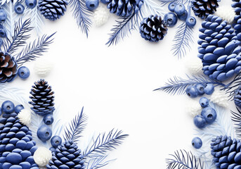 Christmas background adorned with fir tree, pine cones and berries. Free space for text. Mockup. AI generative