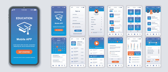 Education mobile app interface screens template set. Online account, courses, lessons list, university platform, progress statistic. Pack of UI, UX, GUI kit for application web layout. Vector design. - obrazy, fototapety, plakaty