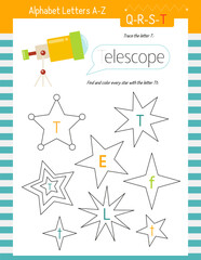 Letter Trace, find and color Worksheet for Kids Activity Book. For Letter T. Preschool activities for toddler and teacher. Vector printable page for Exercise book. Cute illustration – Telescope.