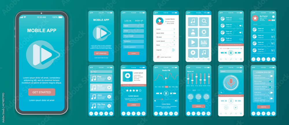 Poster music mobile app interface screens template set. online account, playlist, song rating, audio play, 