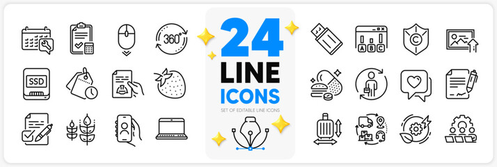 Icons set of Notebook, User call and Scroll down line icons pack for app with Supply chain, Baggage size, Teamwork thin outline icon. Green energy, Upload photo, Copyright protection pictogram. Vector