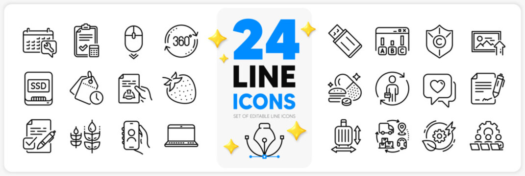 Icons set of Notebook, User call and Scroll down line icons pack for app with Supply chain, Baggage size, Teamwork thin outline icon. Green energy, Upload photo, Copyright protection pictogram. Vector