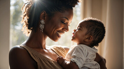 Portrait of black mother and adorable little girl in luxury house spending quality time together, smiling looking into each other's eyes, mother and son connection