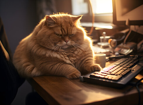A sedentary lifestyle concept, A fat cat sits at an office table in front of a computer,