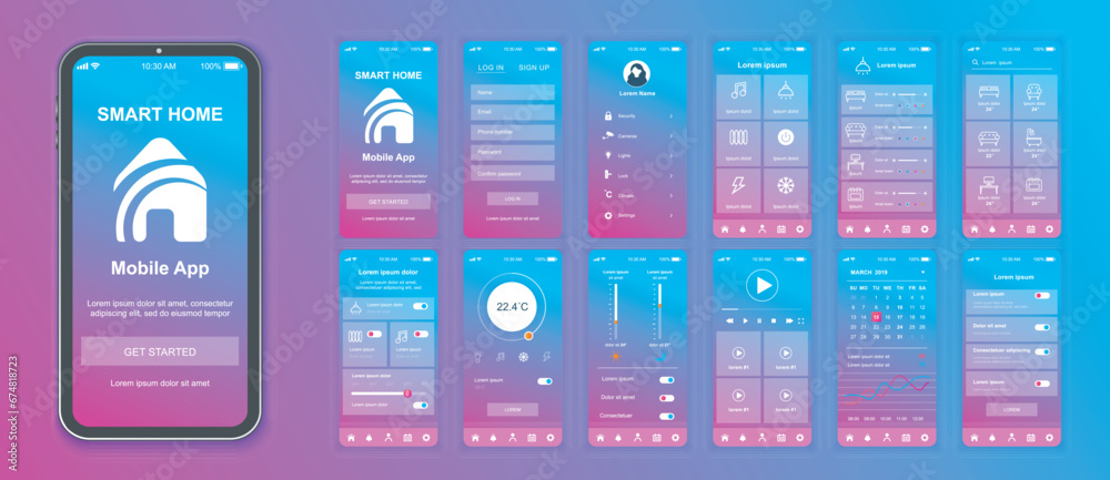 Poster Smart home mobile app interface screens template set. Online account, monitoring thermostat and electricity, automation management. Pack of UI, UX, GUI kit for application web layout. Vector design.