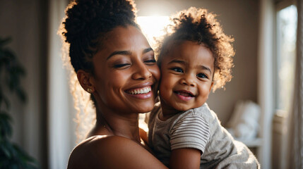 Portrait of black mother and adorable little girl in house spending quality time together, laugh together, space for text