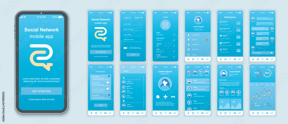 Leinwandbilder Social network mobile app interface screens template set. Online account, profile info, friends list, chat, settings, statistics. Pack of UI, UX, GUI kit for application web layout. Vector design.