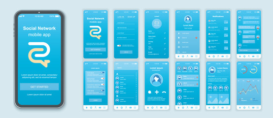 Social network mobile app interface screens template set. Online account, profile info, friends list, chat, settings, statistics. Pack of UI, UX, GUI kit for application web layout. Vector design. - obrazy, fototapety, plakaty