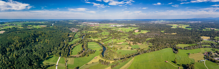 Loisach river with Starnbergersee lake in the back. Bavarian pre alps. Aerial