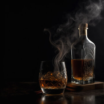 Contours of bottle of whiskey and glass with ice cubes on black background blur and melt into smoke, dream of alcohol