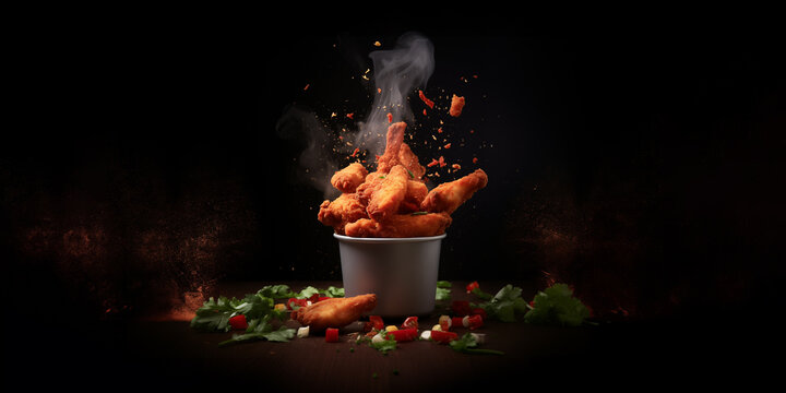 chicken classic nuggets tenders meal in bucket container, boneless wings or breast pieces in buffalo barbeque, or spicy sauce flying ingredients and spices food commercial advertisement menu banner