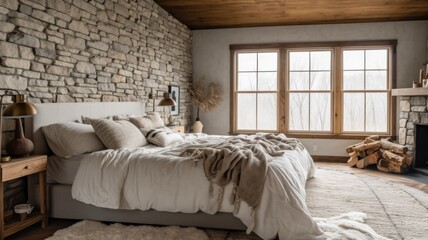 Bedroom decor, home interior design . Scandinavian Rustic style with Fireplace decorated with Wood and Stone material . Generative AI AIG26.