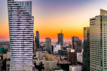 amazing evening View with high skyscrapers in the center business part of Warsaw in Poland at sunset