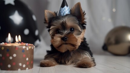 front view, an adorable brwon yorkshire puppy is wearing a birthday hat, sitting beside a birthday cake. pet birthday party concept. 