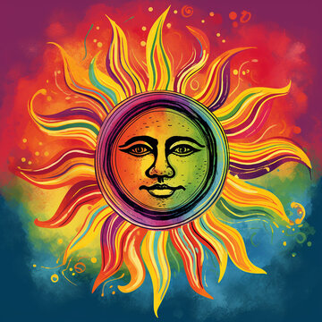 sun of rainbow color, beautiful illustration in watercolor style, optimistic bright background, unusual sunny rainbow wallpaper