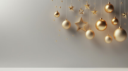 Christmas background with golden balls and stars. 3d illustration. New Year concept.