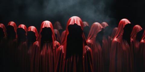 A mesmerizing scene of people in vibrant red cloaks with hoods, gathered in a mysterious and enigmatic setting. The dramatic atmosphere, rich in symbolism, evokes a sense of secrecy and intrigue. - obrazy, fototapety, plakaty