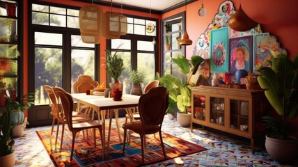Interior design inspiration of Bohemian Eclectic style home dining room loveliness decorated with Moroccan tile and Mismatched chairs material and Gallery wall .Generative AI home interior design .