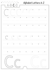 Letter Tracing learning to write for Kids workbook. For Letter C capital and small. Preschool tracing and handwriting practice for developing writing skills. Black and white Vector lined page