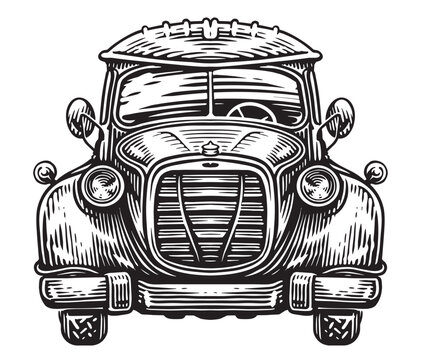 Hand drawn front view of a retro car in black and white style. Vintage transport, sketch vector illustration