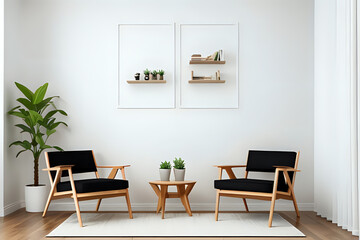 Fototapeta na wymiar Living room design with aesthetic frame mockup, two wooden chairs on white wall