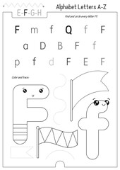 Letter Coloring Worksheet for Kids Activity Book. For Letter F upper and lower case. Preschool tracing lines, shapes and coloring practice for toddler and teacher. Black and white Vector printable