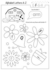 Letter Trace, find and color Worksheet for Kids Activity Book. For Letter F. Preschool activities for toddler and teacher. Black and white Vector printable page