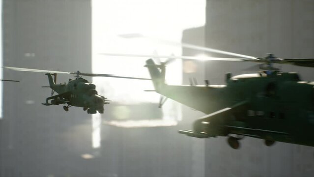 military helicopters fly in the city among skyscrapers. 3d looped animation