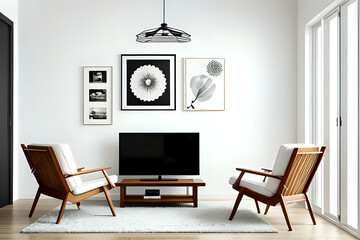 Living room design with aesthetic frame mockup, two wooden chairs, tv screen and white wall
