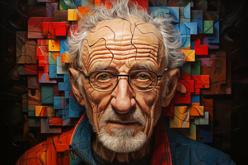 Parkinson´s disease, Alzheimer awareness day, dementia diagnosis, memory loss disorder, brain with puzzle pieces, old man
 - obrazy, fototapety, plakaty