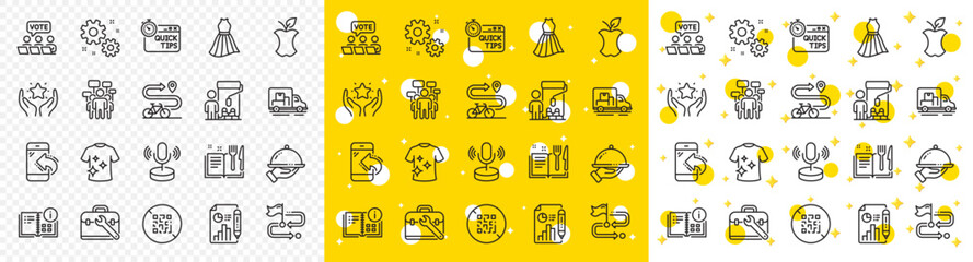 Outline Instruction info, Quick tips and Bike path line icons pack for web with Dress, Report document, Microphone line icon. Qr code, Truck transport, Restaurant food pictogram icon. Vector