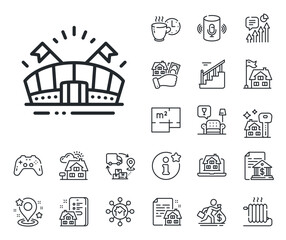 Stadium with flags sign. Floor plan, stairs and lounge room outline icons. Sports arena line icon. Sport complex symbol. Sports arena line sign. House mortgage, sell building icon. Real estate. Vector