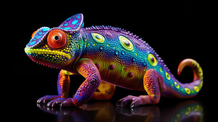 Fototapeta premium Glowing Psychedelic Chameleon Figurine With Bright Colors, Hyper Realistic Bioluminescent Chamelon Figurine Toy Animal. Psychedelic Toy Animal. Generative AI