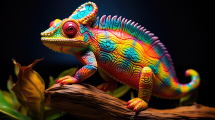 Fototapeta premium Glowing Psychedelic Chameleon Figurine With Bright Colors, Hyper Realistic Bioluminescent Chamelon Figurine Toy Animal. Psychedelic Toy Animal. Generative AI