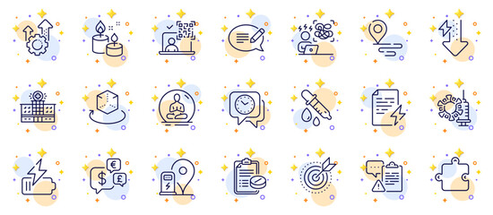 Outline set of Money currency, Chemistry pipette and Clock line icons for web app. Include Battery, Power certificate, Augmented reality pictogram icons. Yoga, Message, Puzzle signs. Vector