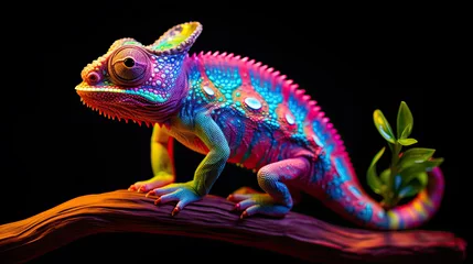 Foto op Aluminium Glowing Psychedelic Chameleon Figurine With Bright Colors, Hyper Realistic Bioluminescent Chamelon Figurine Toy Animal. Psychedelic Toy Animal. Generative AI © Immersive Dimension