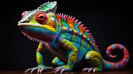 Glowing Psychedelic Chameleon Figurine With Bright Colors, Hyper Realistic Bioluminescent Chamelon Figurine Toy Animal. Psychedelic Toy Animal. Generative AI