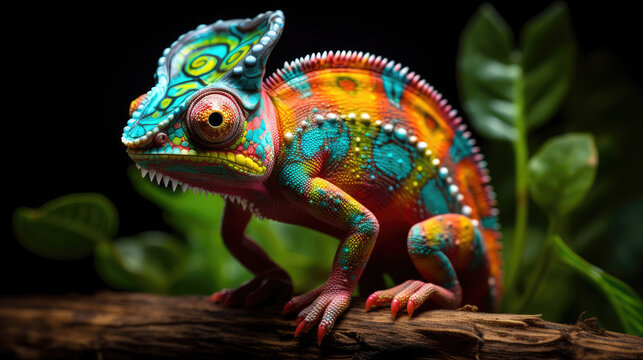Glowing Psychedelic Chameleon Figurine With Bright Colors, Hyper Realistic Bioluminescent Chamelon Figurine Toy Animal. Psychedelic Toy Animal. Generative AI