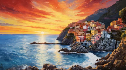 Foto op Plexiglas oil painting on canvas, sea view of Cinque Terre. Artwork. Big ben. man and woman on the beach as sunset. Tree. Italy © ImagineDesign
