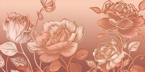 Golden roses line arts on light pink background luxury gold wallpaper design wedding background