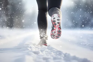 Fototapeten Back view of woman's legs jogging in snow © Firn